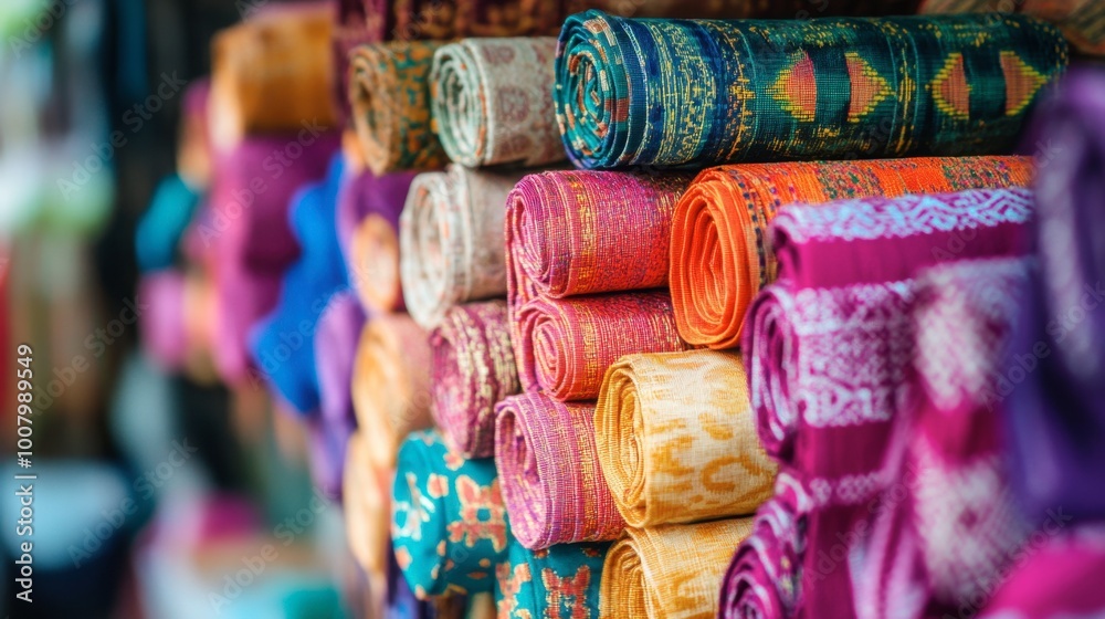 A close-up of colorful local handicrafts at the Kanchanaburi market, showcasing Thai culture.