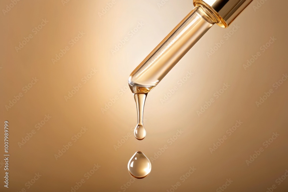 Closeup of Serum Pipette with Falling Drop Isolated on a Soft Beige Background for Beauty Products Closeup of Serum Pipette with Falling Drop Isolated on a Soft Beige Background for Beauty Products