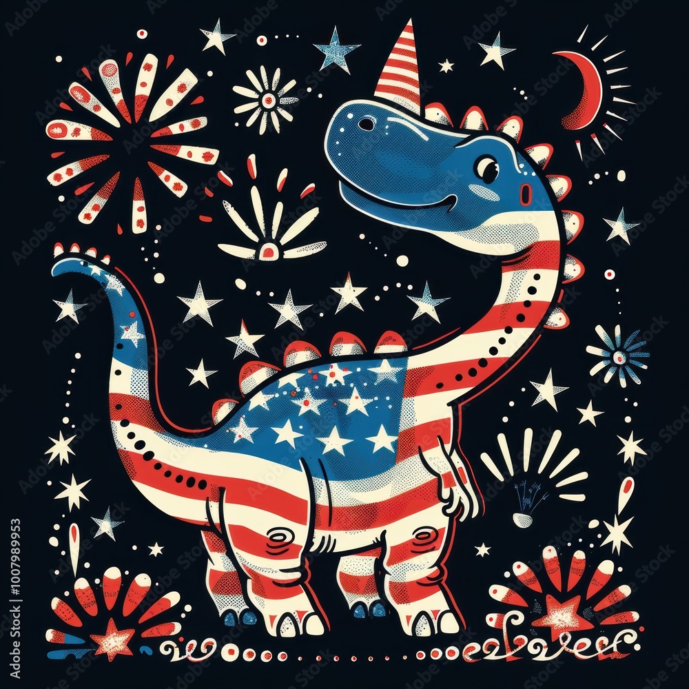 A colorful dinosaur illustration decorated in American flag patterns against a backdrop of fireworks and a crescent moon.