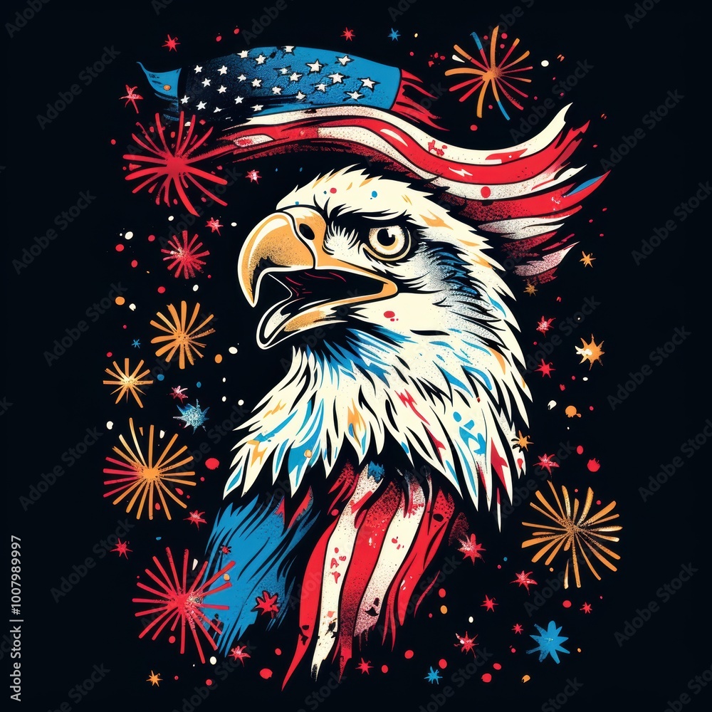 A patriotic eagle wearing an American flag hat, surrounded by colorful fireworks, symbolizing freedom and celebration.