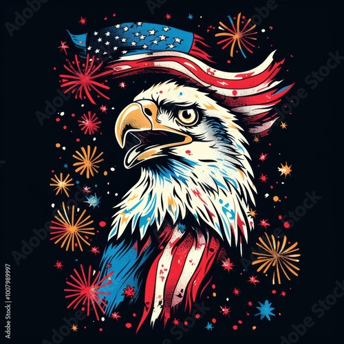 Obraz na płótnie A patriotic eagle wearing an American flag hat, surrounded by colorful fireworks, symbolizing freedom and celebration. w salonie
