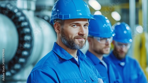 The image shows three workers in blue uniforms and helmets, focused in a factory or industrial setting, highlighting teamwork and safety in an industrial environment.