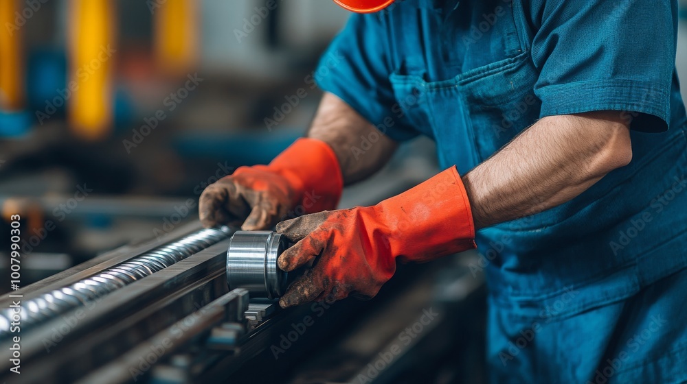 A worker in protective gloves is adjusting a metal component in an industrial setting, showcasing the importance of safety and precision in manufacturing. A worker in protective gloves is adjusting a metal component in an industrial setting, showcasing the importance of safety and precision in manufacturing.