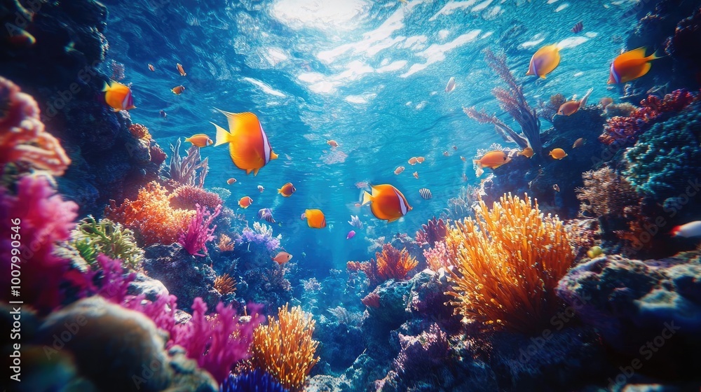 Fototapeta premium Tilted angle view of an underwater laboratory, merging with fantastical creatures and glowing corals, dreamlike atmosphere captivates
