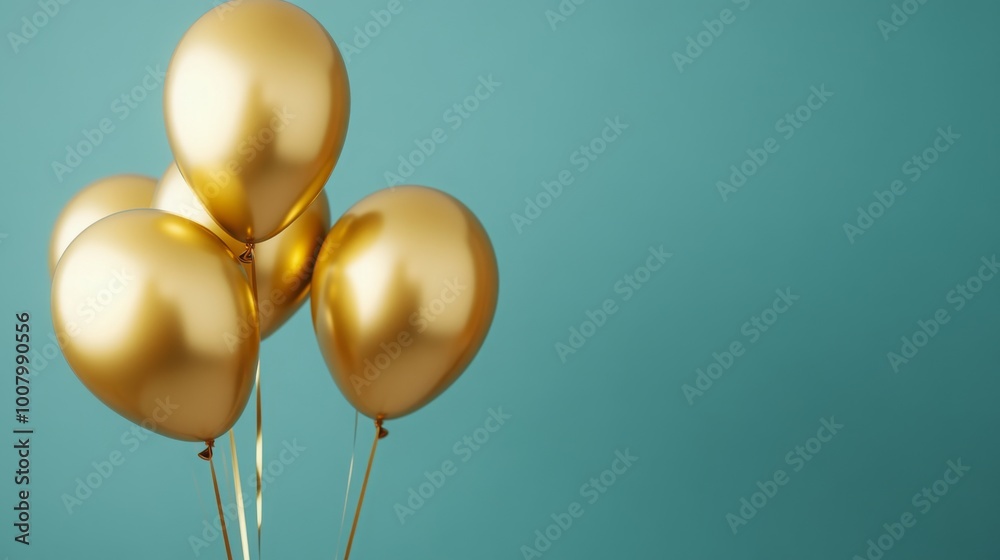A vibrant collection of shiny golden balloons against a soft teal background, creating a celebratory and festive atmosphere. A vibrant collection of shiny golden balloons against a soft teal background, creating a celebratory and festive atmosphere.