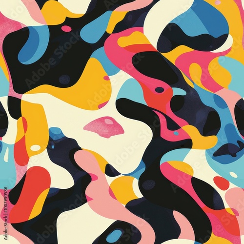 A vibrant abstract pattern featuring bold colors and flowing shapes, creating a dynamic and energetic visual experience.