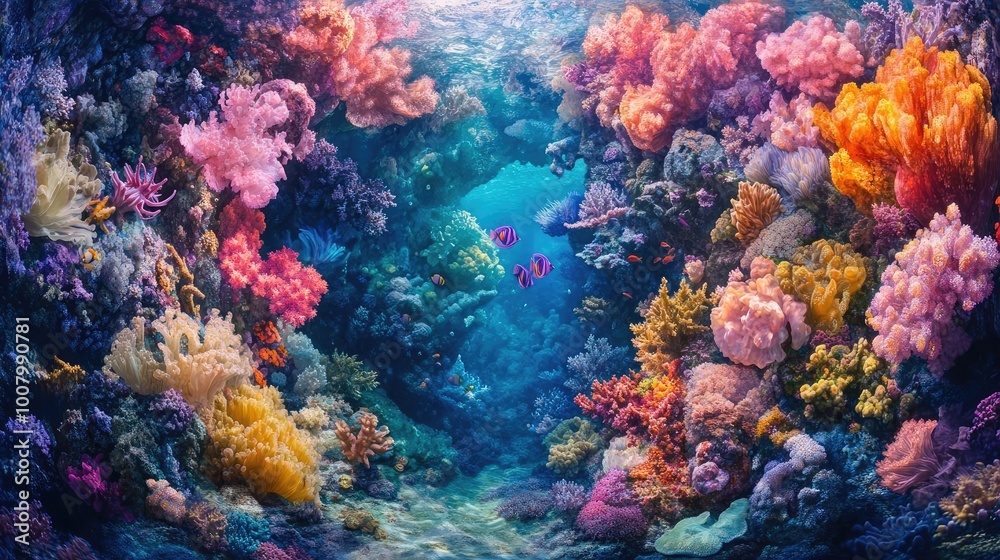 Fototapeta premium Underwater ballet, vibrant sea creatures dancing through colorful coral reefs, surreal dreamlike colors, tilted angle