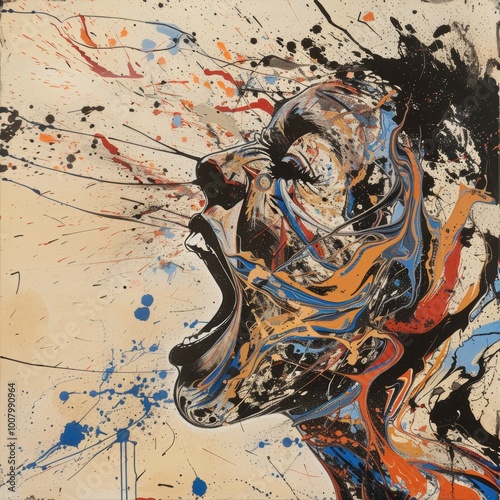 Obraz na płótnie A vibrant abstract representation of a face expressing emotion through dynamic colors and splashes, emphasizing intensity and movement. w salonie