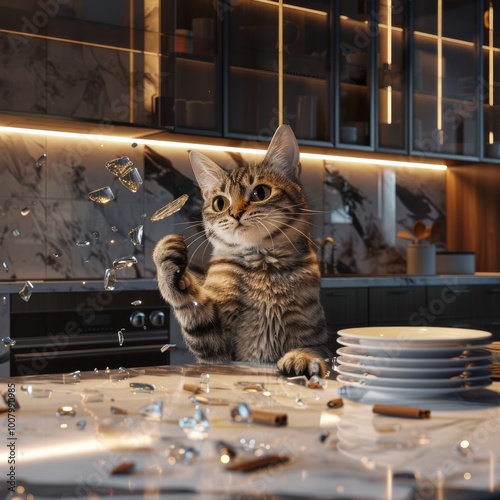 Obraz na płótnie A curious cat plays with sparkling objects on a kitchen counter, surrounded by scattered plates and a modern kitchen ambiance. w salonie