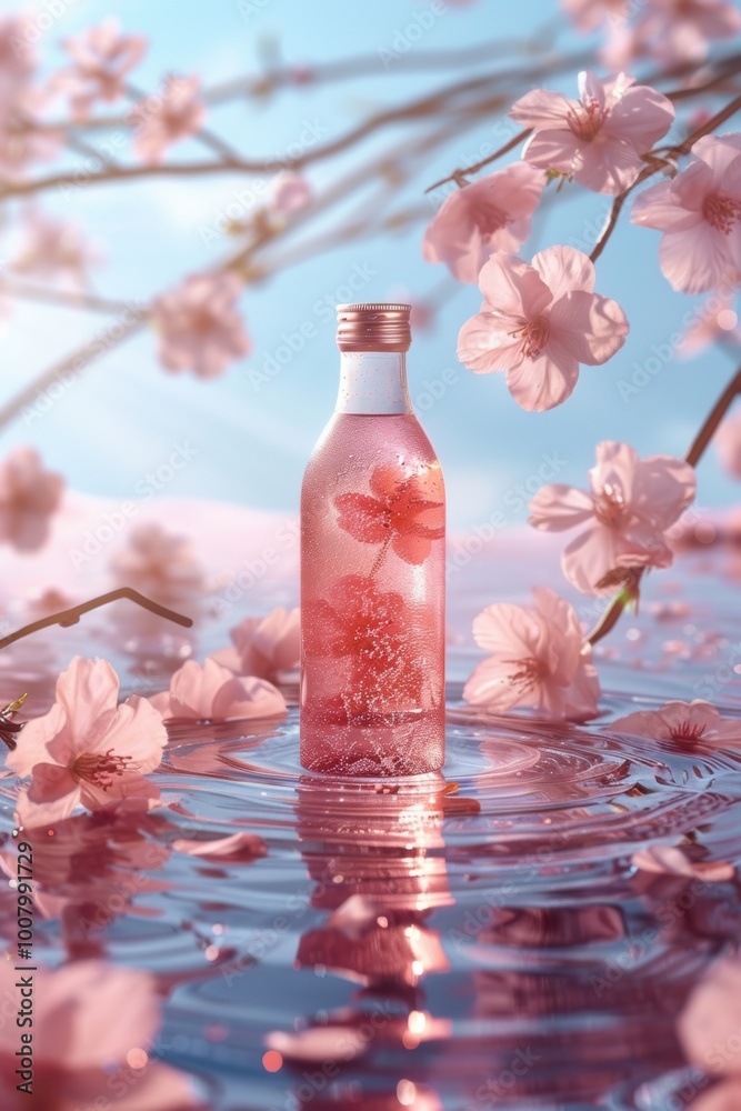 A serene scene featuring a glass bottle filled with pink liquid, surrounded by delicate sakura cherry blossoms and gentle ripples in the water.