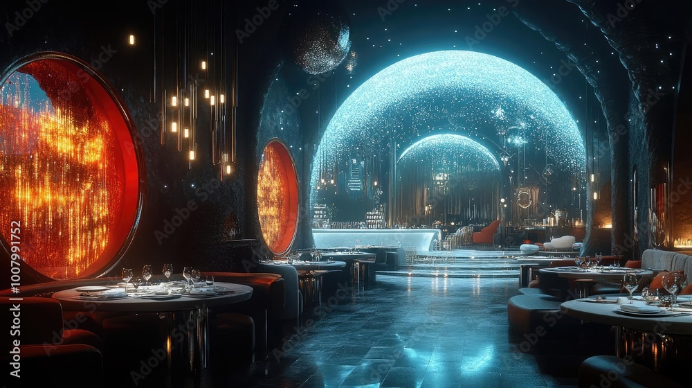 Wide-angle utopian dining scene, futuristic culinary arts, ethereal lighting illuminating vibrant dishes, dreamlike experience Wide-angle utopian dining scene, futuristic culinary arts, ethereal lighting illuminating vibrant dishes, dreamlike experience