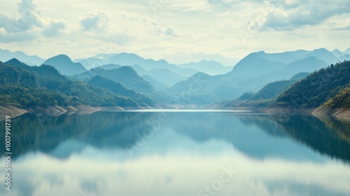 A scenic view of Lam Takhong Dam, with the reservoir reflecting the mountains.