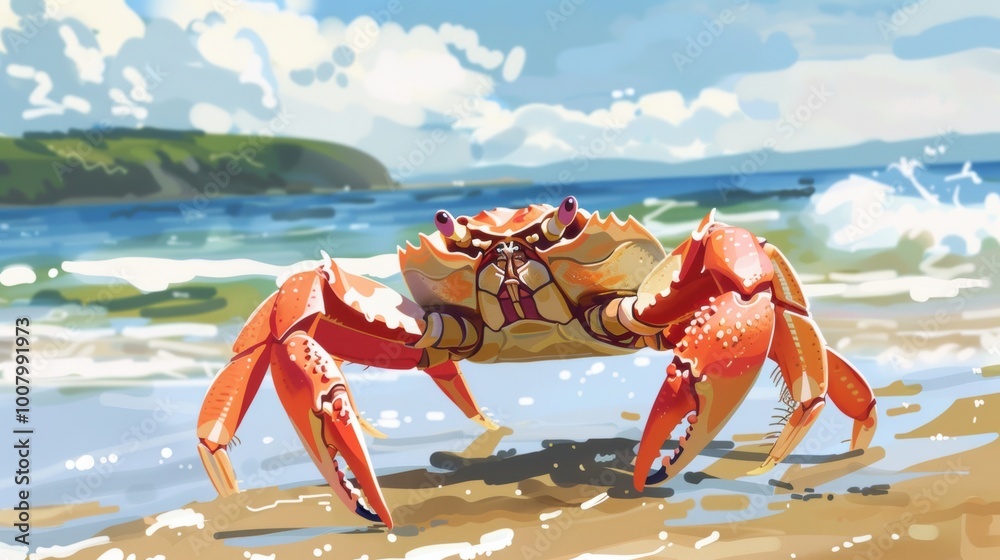 A colorful crab stands on the sandy shore near the ocean, surrounded by gentle waves and a scenic backdrop of hills and clouds.