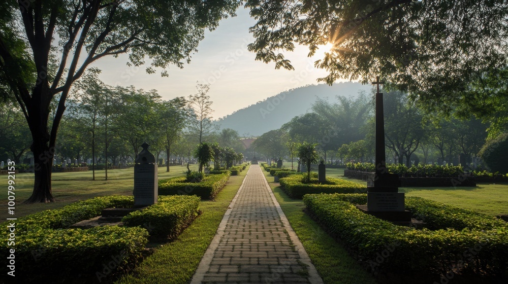 Fototapeta premium A serene moment at the Kanchanaburi War Cemetery, honoring those who lost their lives.