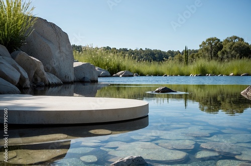 A modern outdoor swimming pool with a circular platform in the middle, surrounded by lush greenery and with a scenic mountain landscape in the background under a blue sky with fluffy clouds photo