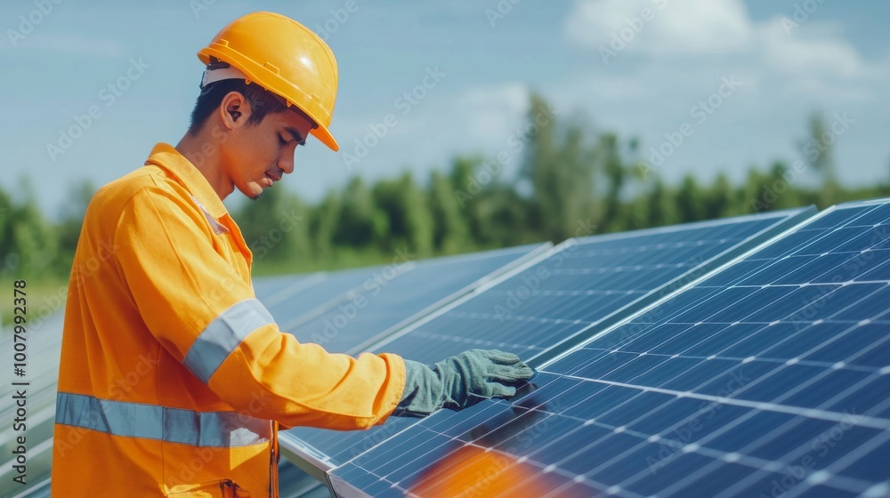 A worker in protective gear inspects solar panels under a blue sky, highlighting renewable energy and sustainability efforts. A worker in protective gear inspects solar panels under a blue sky, highlighting renewable energy and sustainability efforts.