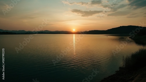 A serene moment at the Srinakarin Dam, with the setting sun casting warm colors over the water.