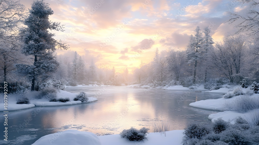 Winter Wonderland: A Frozen Lake Reflecting the Golden Sunset