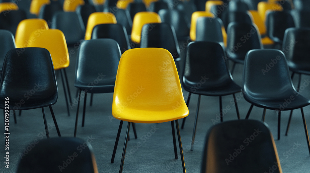 Fototapeta premium bright yellow chair stands out among a sea of gray chairs, symbolizing individuality, leadership, and innovation in business. Perfect for themes of uniqueness, creativity, and breaking norms