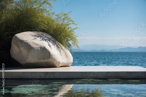 A modern outdoor swimming pool with a circular platform in the middle, surrounded by lush greenery and with a scenic mountain landscape in the background under a blue sky with fluffy clouds photo