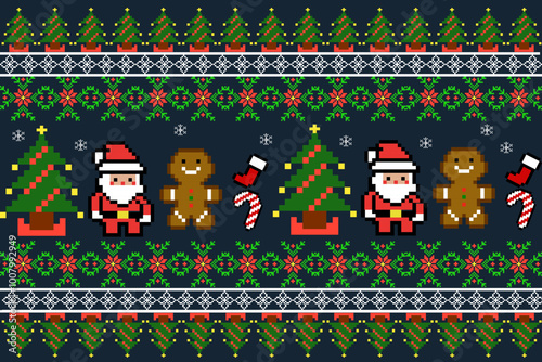 Christmas and New Year seamless pattern, fairytale pixel pattern in white and green with Nordic snowflakes for winter hats, ugly sweaters, wallpaper, paper, other design