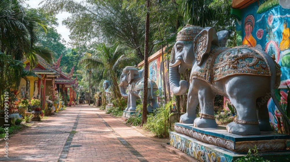 Elephant sculptures and vibrant murals decorating the grounds of Wat Ban Rai. Elephant sculptures and vibrant murals decorating the grounds of Wat Ban Rai.