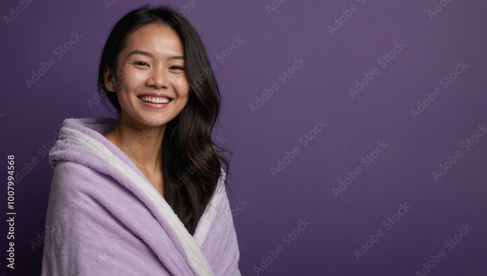 Fototapeta premium Smiling woman in lavender robe, cheerful expression, against soft gradient background