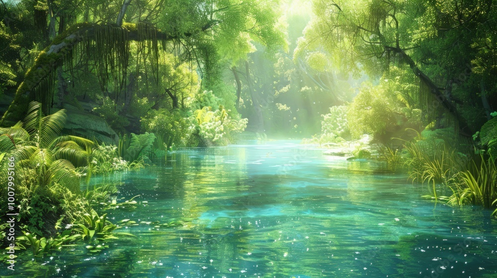 Obraz premium Sunlit River Through Lush Tropical Forest