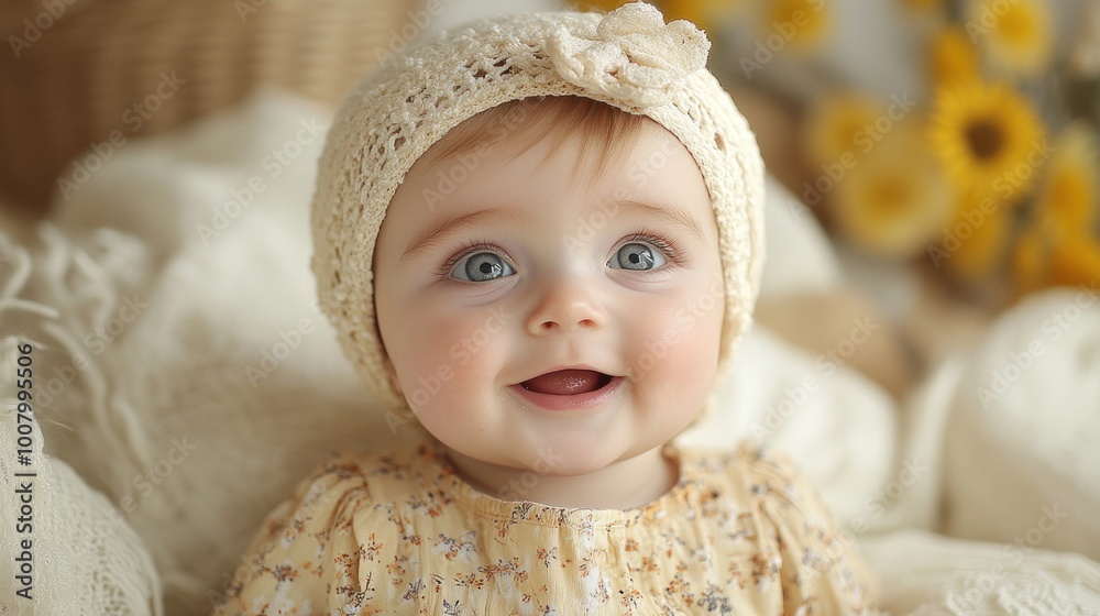 A joyful baby with a charming smile wearing a knitted hat. A joyful baby with a charming smile wearing a knitted hat.