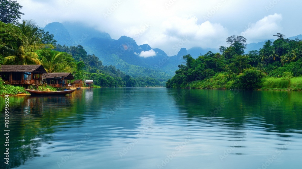 Fototapeta premium The calm waters of the River Kwai surrounded by lush green hills, creating a picturesque scene.
