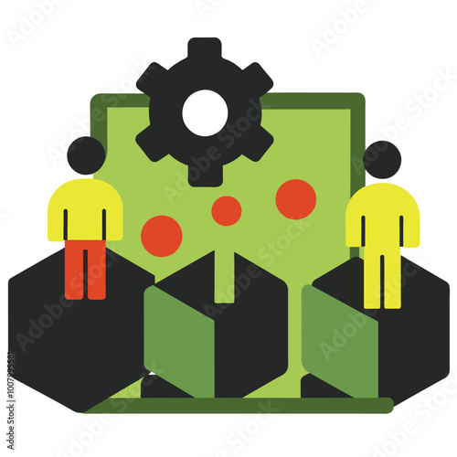 Two figures represent a team engaged in enterprise development configuration management highlighting collaborative software design elements on a digital platform