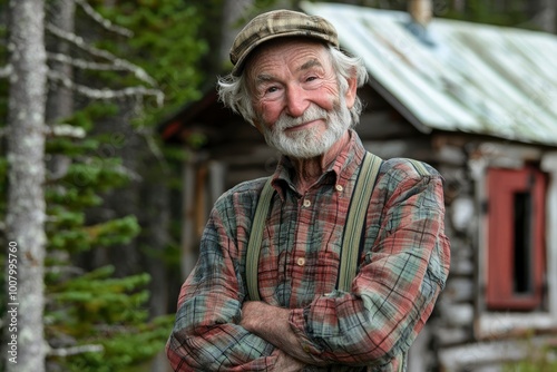 Elderly Man in Plaid Shirt Standing Outside Rustic Cabin