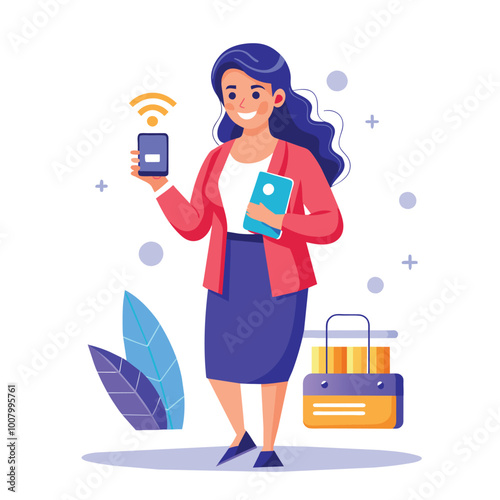 A woman confidently conducts a digital payment using her smartphone and wallet showcasing the convenience of e wallet transactions in daily life