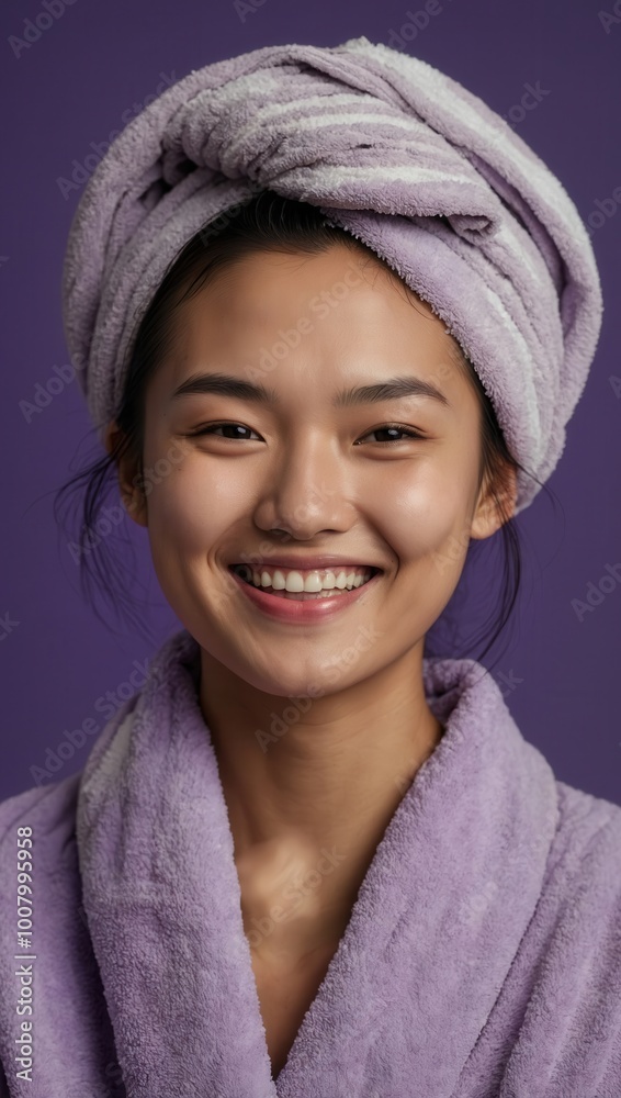 Woman smiling with purple towels wrapped around head and neck, after bath or spa treatment Woman smiling with purple towels wrapped around head and neck, after bath or spa treatment