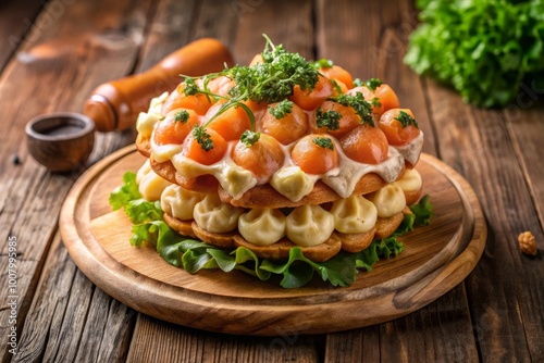 Delicious sandwich bubble waffle with salmon, cheese, and herbs served on a wooden table with drink photo