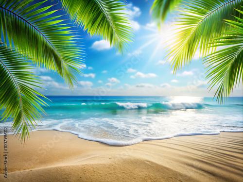 beach with palm trees. beach, palm, sea, tropical, tree, sand, island, ocean, sky, water, paradise, summer, travel, nature, landscape, vacation, holiday, coconut, coast, seascape, sun, resort, caribbe photo