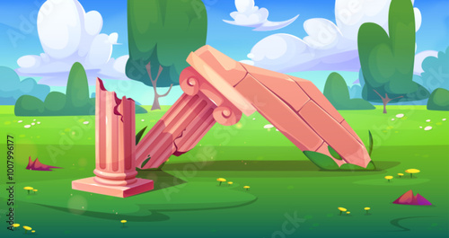 Summer historical landscape with ancient Greek architecture column ruins on green grass with trees and flowers. Cartoon vector outdoor archaeological museum with old broken stone temple elements.