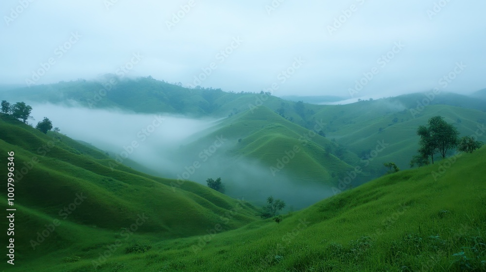 The cool, misty morning at Wang Nam Khiao, with rolling green hills and fog. The cool, misty morning at Wang Nam Khiao, with rolling green hills and fog.