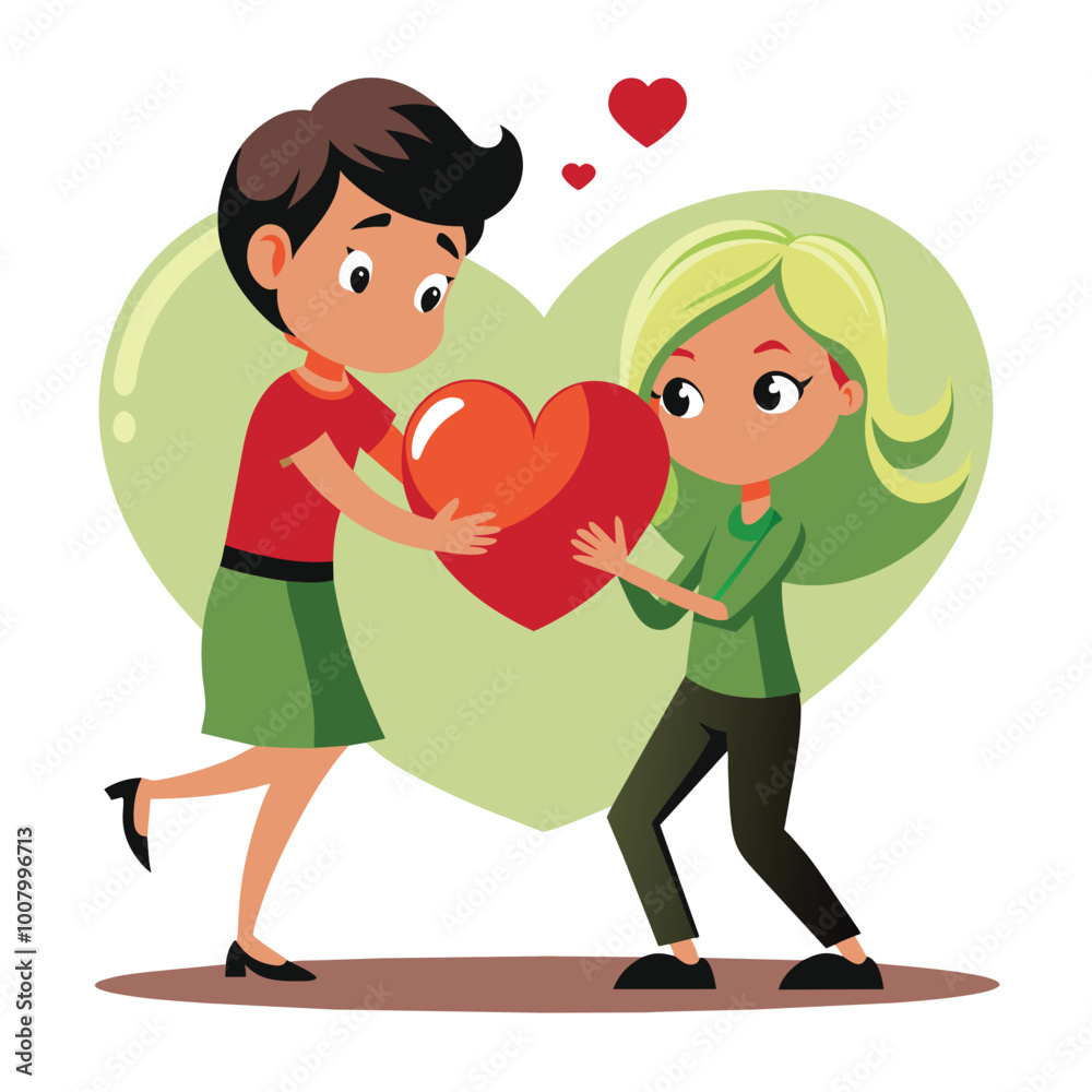 A female cartoon character joyfully chooses a man who is holding a big heart surrounded by cheerful elements that evoke a sense of romance and happiness A female cartoon character joyfully chooses a man who is holding a big heart surrounded by cheerful elements that evoke a sense of romance and happiness