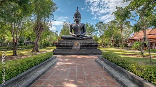 The grand Buddha statue at Wat Sala Loi, surrounded by peaceful gardens.