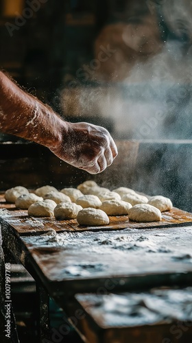 A baker's hand dusts flour over freshly shaped dough on a wooden table, capturing the essence of artisanal bread-making. photo