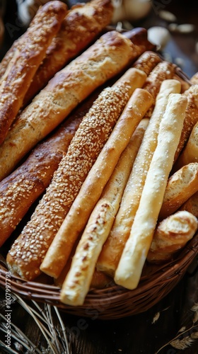 A beautiful assortment of freshly baked breadsticks in a woven basket, showcasing a variety of textures and colors.