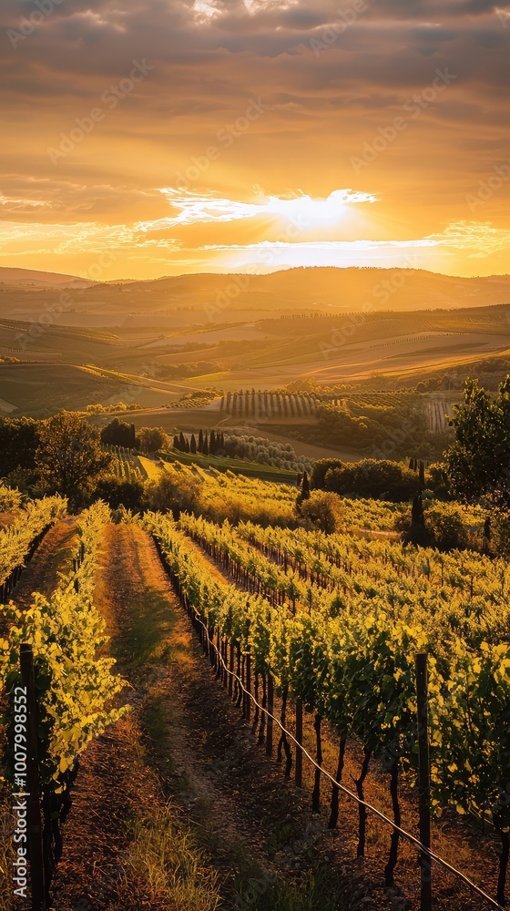 Fototapeta premium A breathtaking sunset over a lush vineyard, showcasing rows of grapevines against a stunning mountainous backdrop.