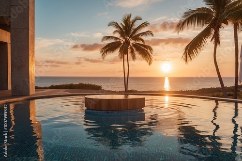 Pool at beach with coconut tree during golden sunset
