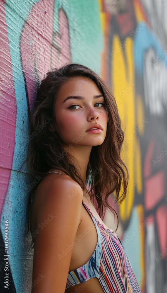 Position the model in front of colorful, expressive graffiti walls, using the urban art as part of the visual storytelling Position the model in front of colorful, expressive graffiti walls, using the urban art as part of the visual storytelling