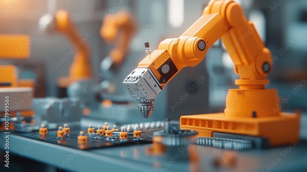 Robotic arm working on assembly line, close-up view Robotic arm working on assembly line, close-up view
