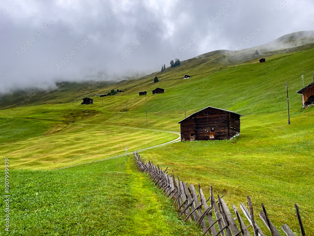 wood barn and fence on green mountain slopes, traditional alpine farming, Surselva, Switzerland, copy space wood barn and fence on green mountain slopes, traditional alpine farming, Surselva, Switzerland, copy space