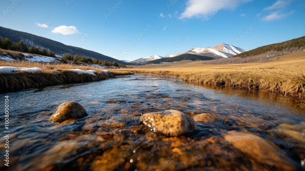 Serene river flowing through a scenic valley with mountains under a clear blue sky. Serene river flowing through a scenic valley with mountains under a clear blue sky.