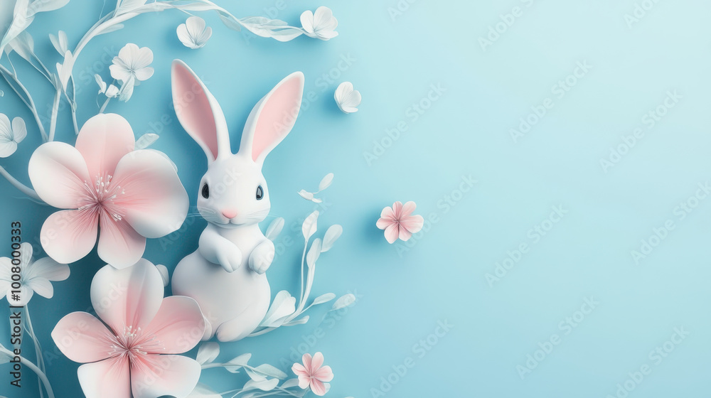 Obraz premium Cute little bunny with 3D flowers on a blue background.