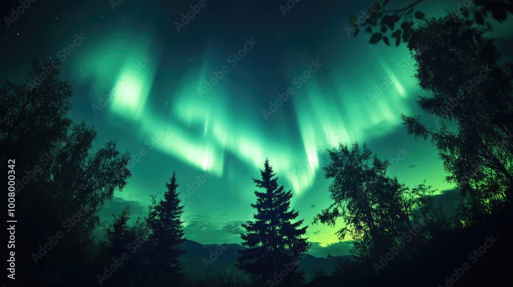 Fototapeta premium A beautiful garden silhouette set against the enchanting northern lights, where the focal point of light adds magic to the serene landscape.